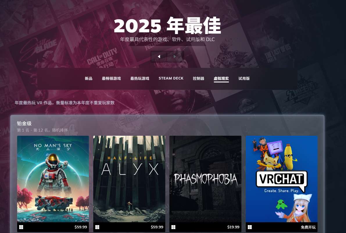 Steam 2025年度最佳VR游戏榜单TOP100公布