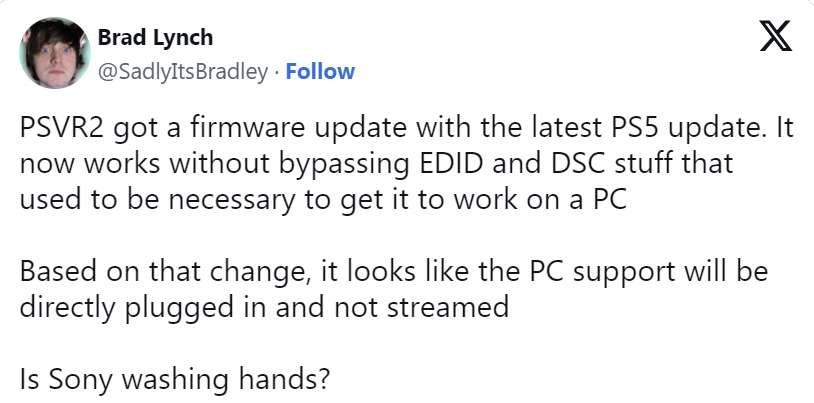 索尼PS VR2固件更新暗示支持有线PC VR串流