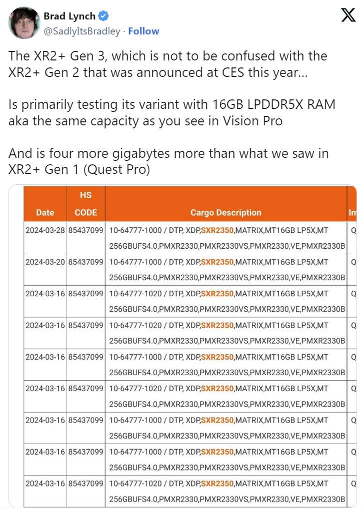 传高通正测试内存接近Visioin Pro的全新芯片组骁龙XR2+ Gen 3