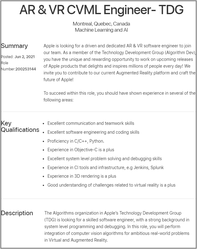 苹果AR/VR招聘暗示即将有“AR产品新发布”