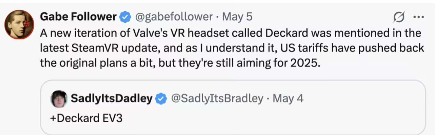 Valve Deckard VR头显因关税推迟发布，但仍将年内推出