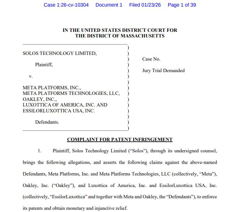 映维日报：智能眼镜Solos起诉Meta专利侵权，PICO分享LBE VR市场增长472％