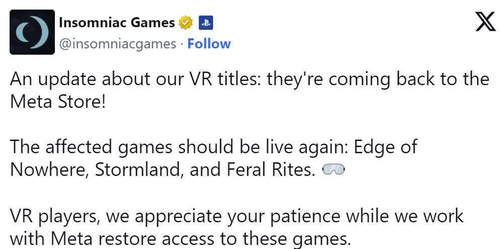 Insomniac Games被下架PC VR游戏重新上架Meta Store