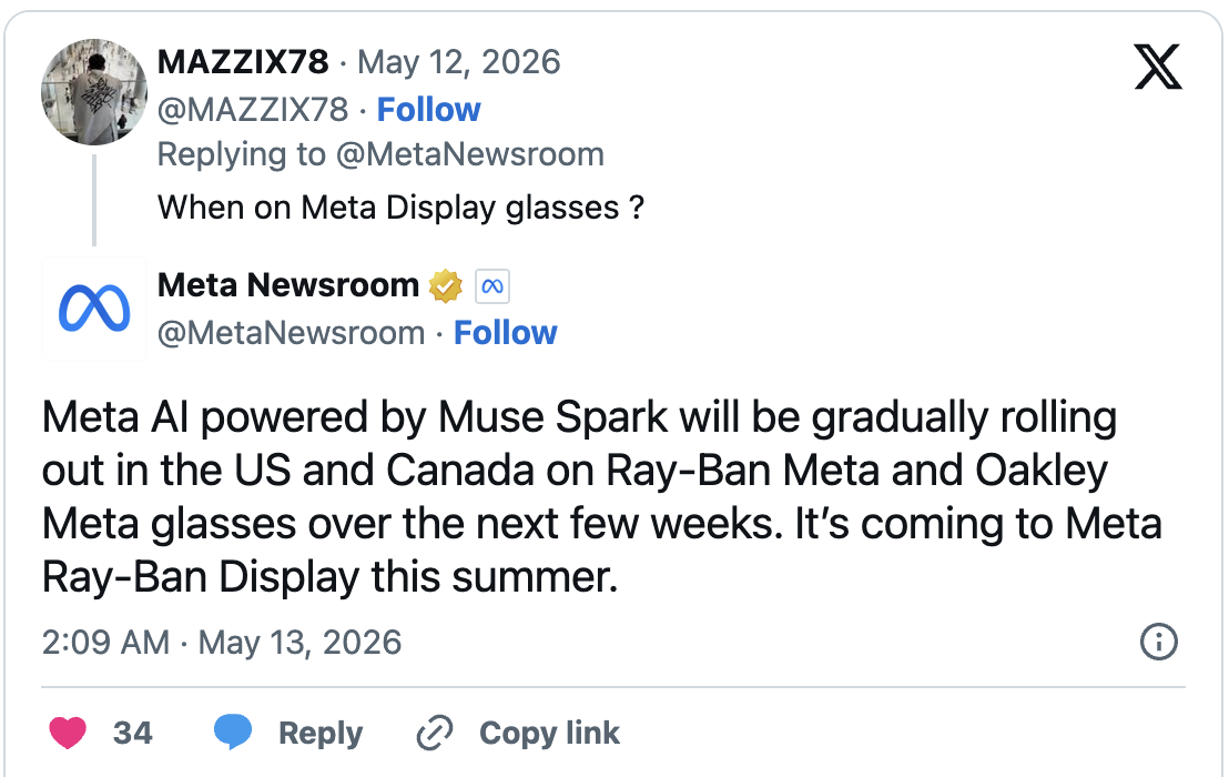 最新资讯Muse Spark将在未来几周内登陆Ray-Ban Meta系列眼镜