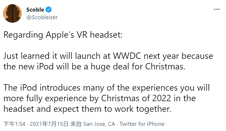 传苹果VR头显2022年WWDC发布，且支持新一代iPod