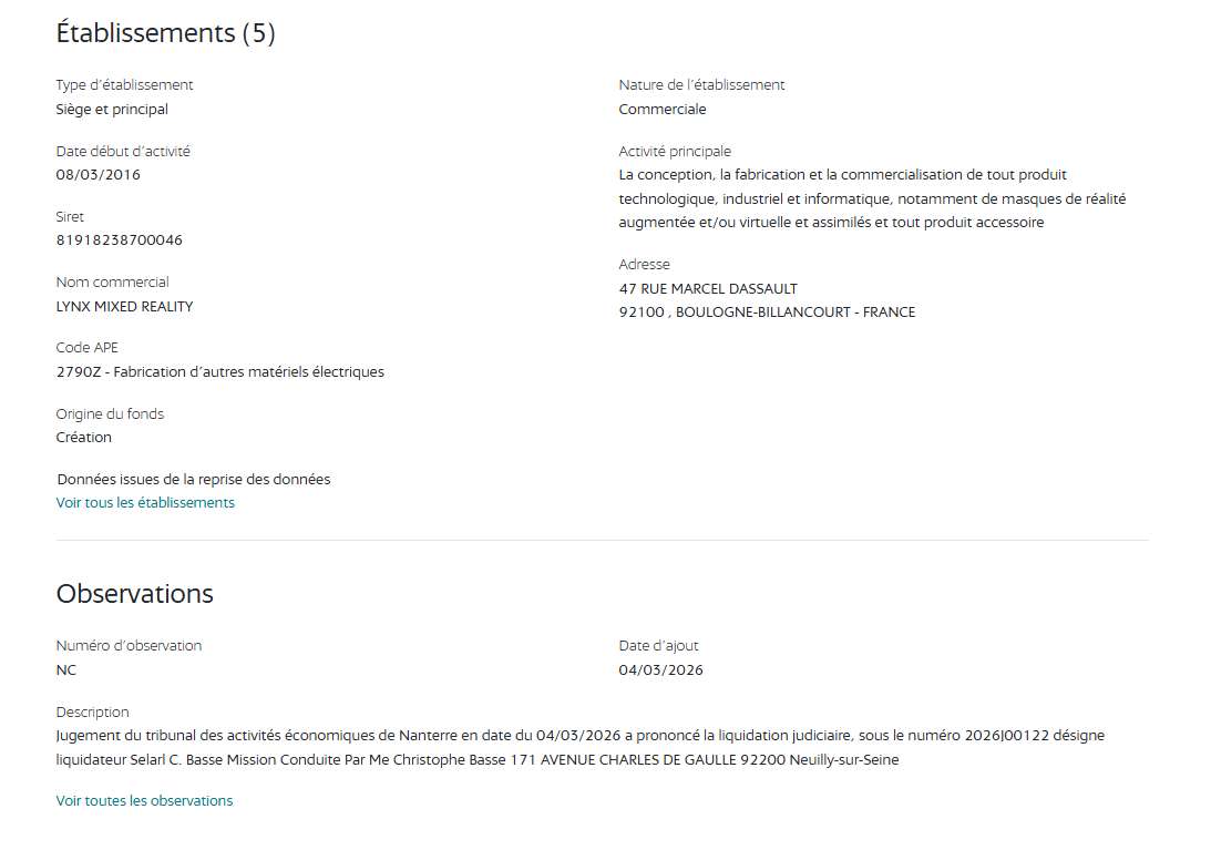 法国MR头显厂商Lynx被法院强制清算，新品发布仅两月即告终结