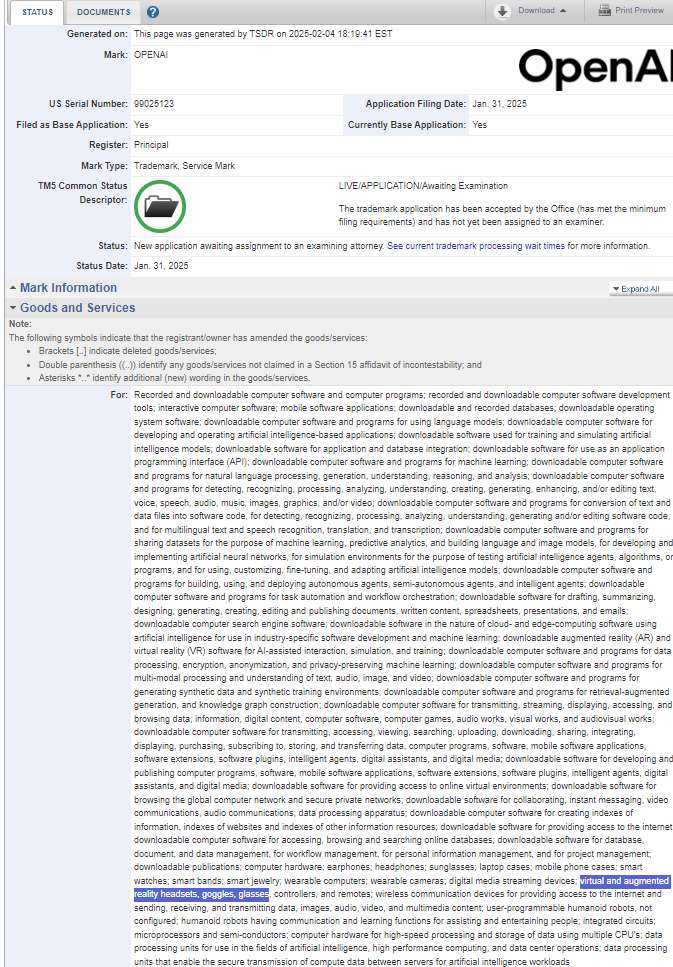 OpenAI申请涵盖AR/VR头显眼镜等设备新商标