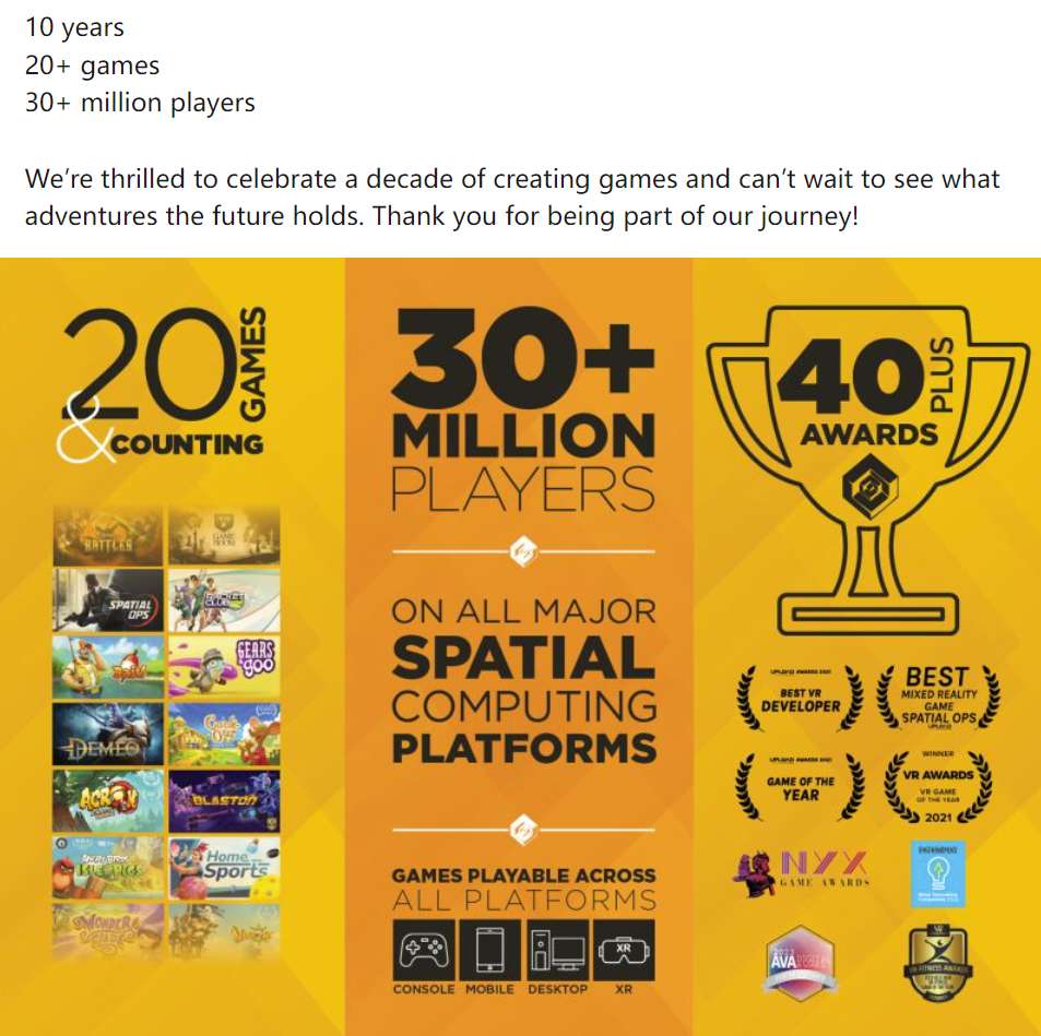 Resolution Games宣布主要空间计算平台的玩家数达3000万+