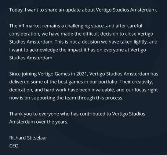Vertigo Games关闭阿姆斯特丹工作室，曾开发《地铁：觉醒》