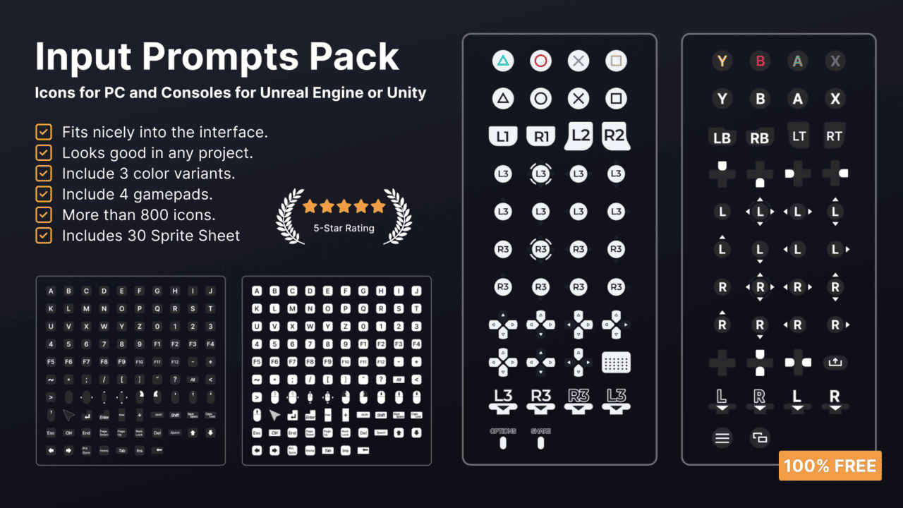 FREE Input Prompts Pack – 800 Icons for PC and Consoles for Unreal Engine or Unity – 游戏开发中实用的主要4种游戏手柄以及鼠标和键盘图标包免费公开！