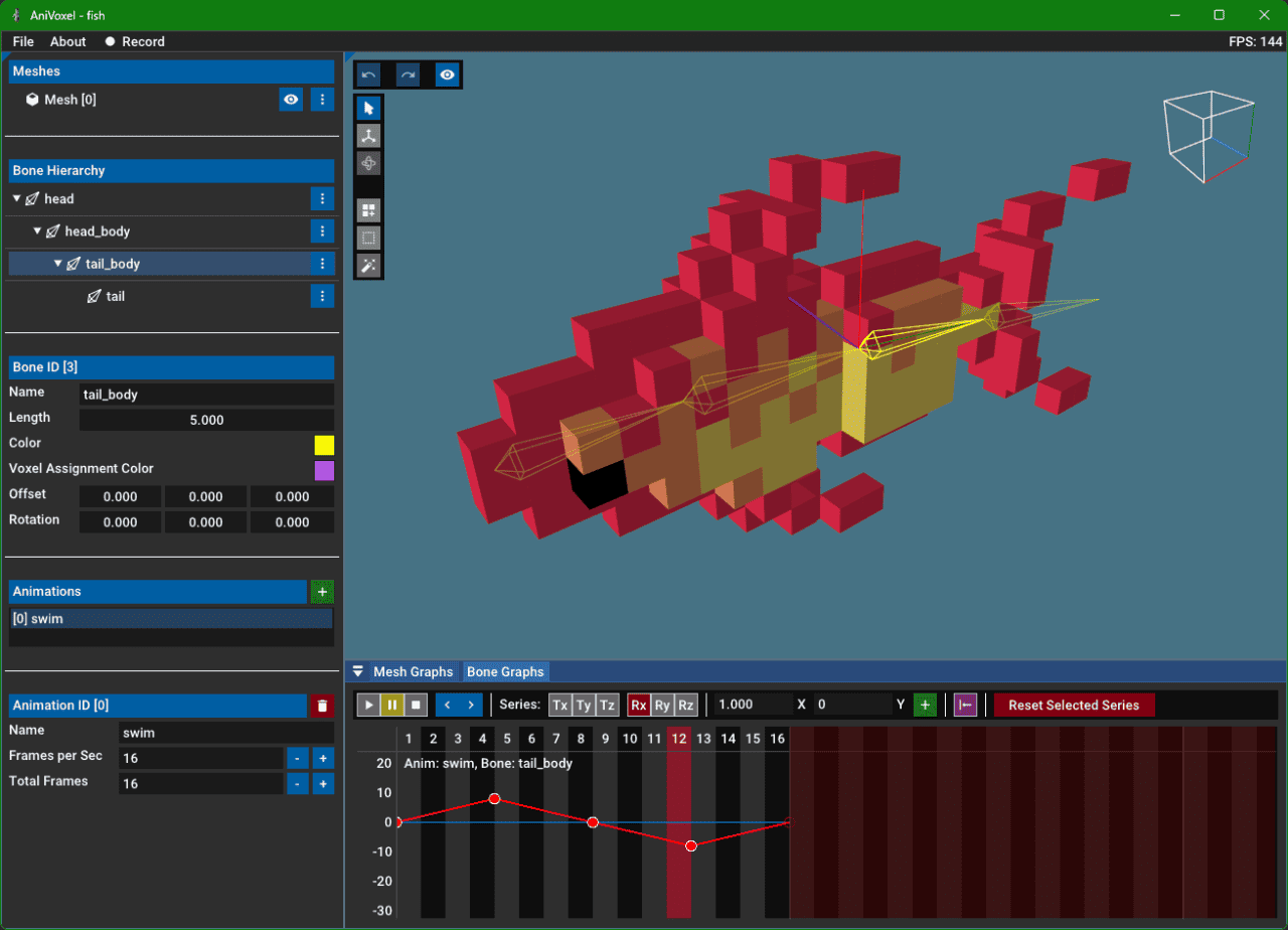 AniVoxel v1.0 – 为体素模型添加骨骼并进行动画烘焙！可输出按帧网格、可用于游戏等的工具登场！