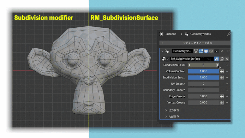 RM_SubdivisionSurface – 可调整网格瘦胖与平滑应用程度的基于 Geometry Nodes 的细分曲面 Blender 修改器！在 Github 上免费公开！