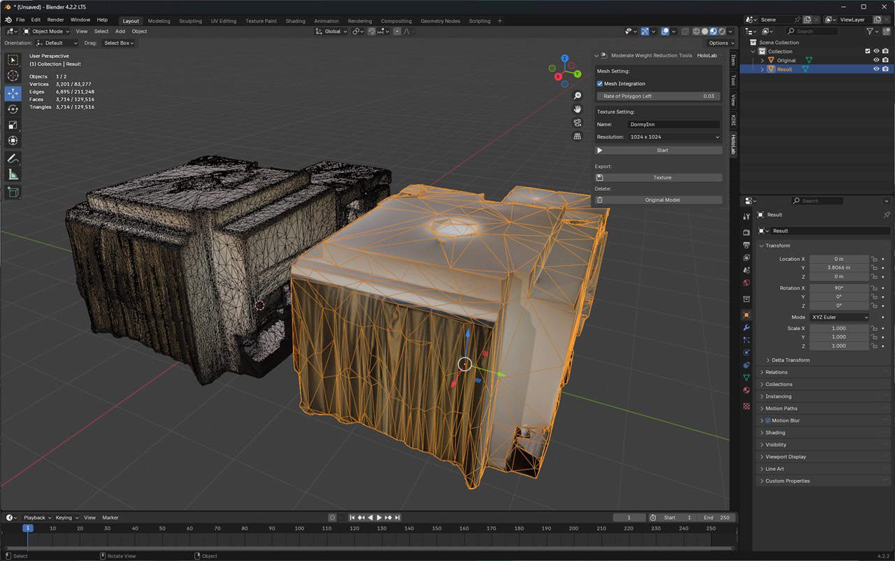 Moderate Weight Reduction Tools v1.0 – 来自株式会社ホロラボ的可快速轻量化3D扫描数据等高多边形模型的免费 Blender 插件登场！