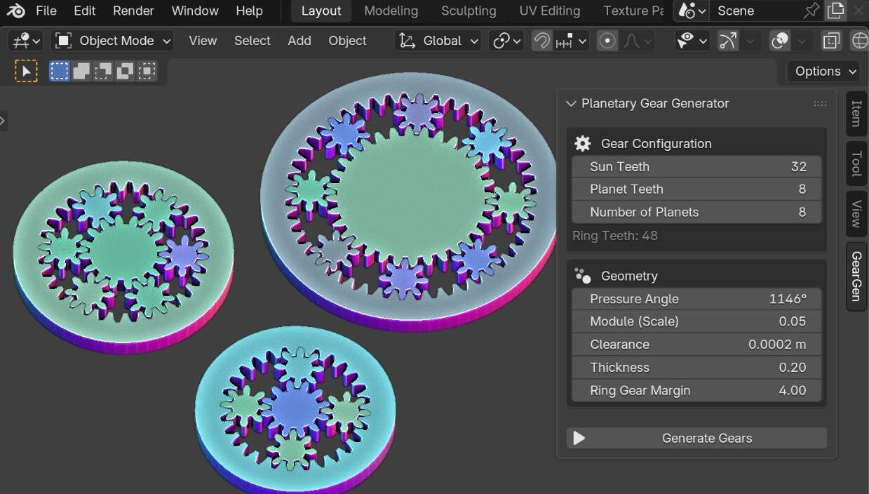 Planetary Gear Generator for Blender v1.0 – 可生成「行星齿轮（行星传动齿轮）」网格的免费 Blender 插件！