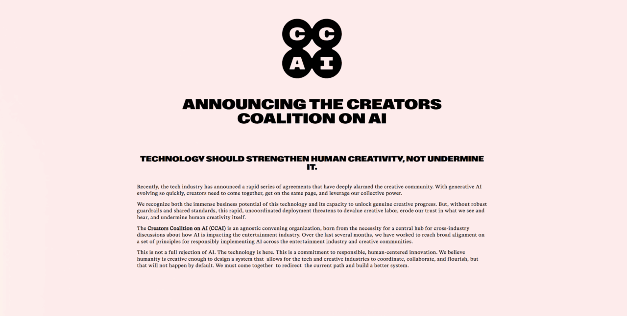 Creators Coalition on AI (CCAI) – 围绕生成AI的迅速普及，旨在讨论并整理娱乐产业中AI活用方式的新团体成立了！面向所有从事创意工作的人发出呼吁！现可参与签名！