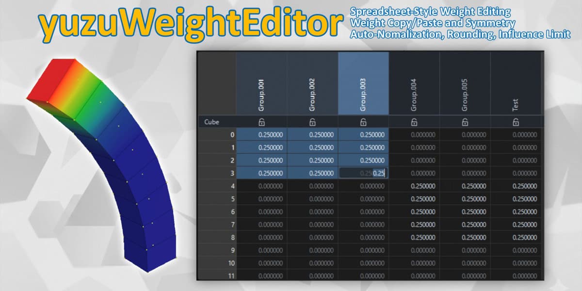 yuzu Weight Editor | 可像 Softimage 一样在电子表格中设置与管理权重的 Blender 插件已发布！