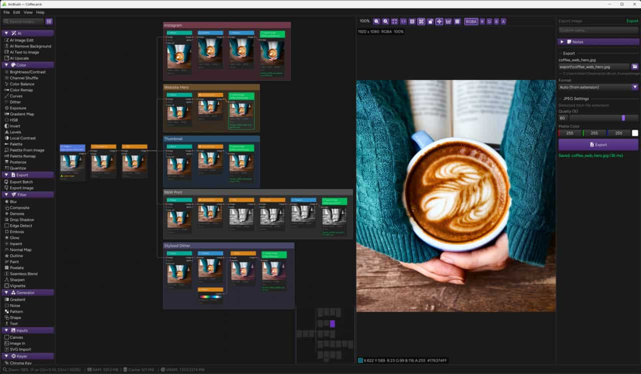 ArcBrush v1.0 | 可在一个图表中制作多种变化等的节点式图像编辑工具登场！可免费使用！部分AI功能等为按点数制收费！