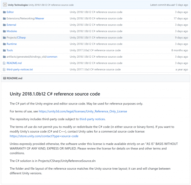 Unity 2018 C＃参考源代码 – Unity编辑器等的C＃源代码在Github公开！