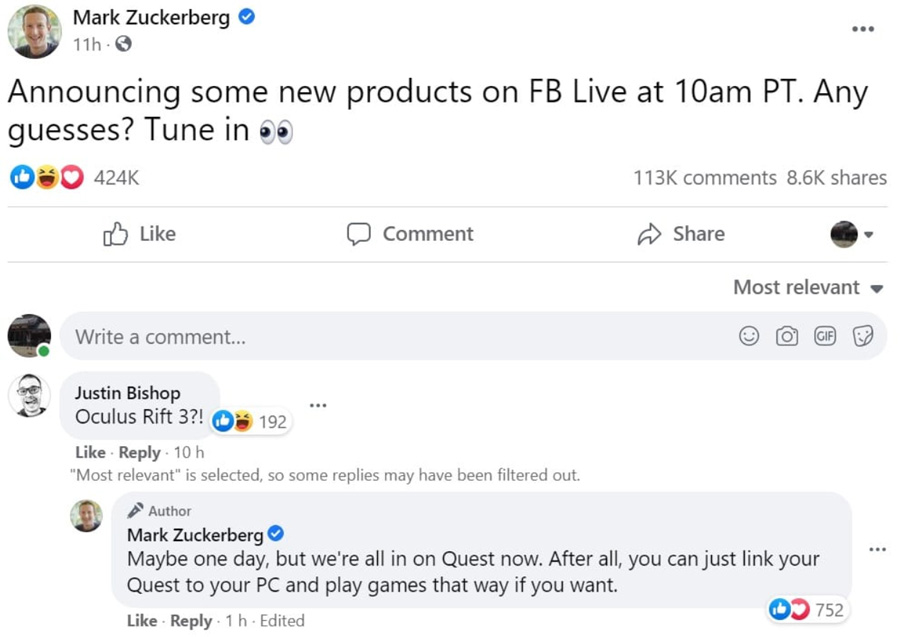 Facebook或未放弃PC VR领域，扎克伯格称可能会有Rift 3