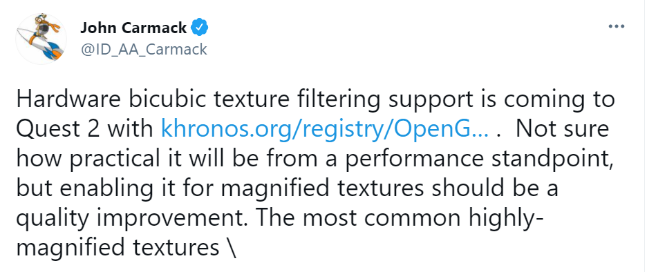 卡马克：Quest 2将支持纹理滤波技术，让图像更清晰均匀