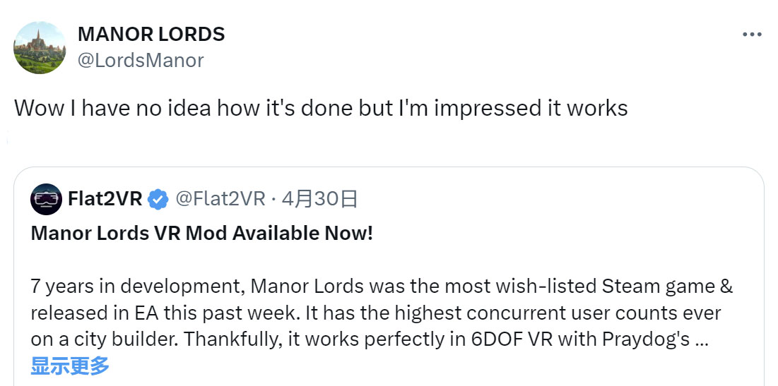 Flat2VR为Steam愿望单第一的《庄园领主》带来六自由度VR Mod
