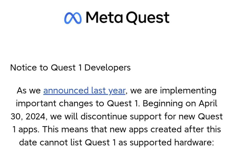 Meta Quest 1从4月30日起将停止支持新应用