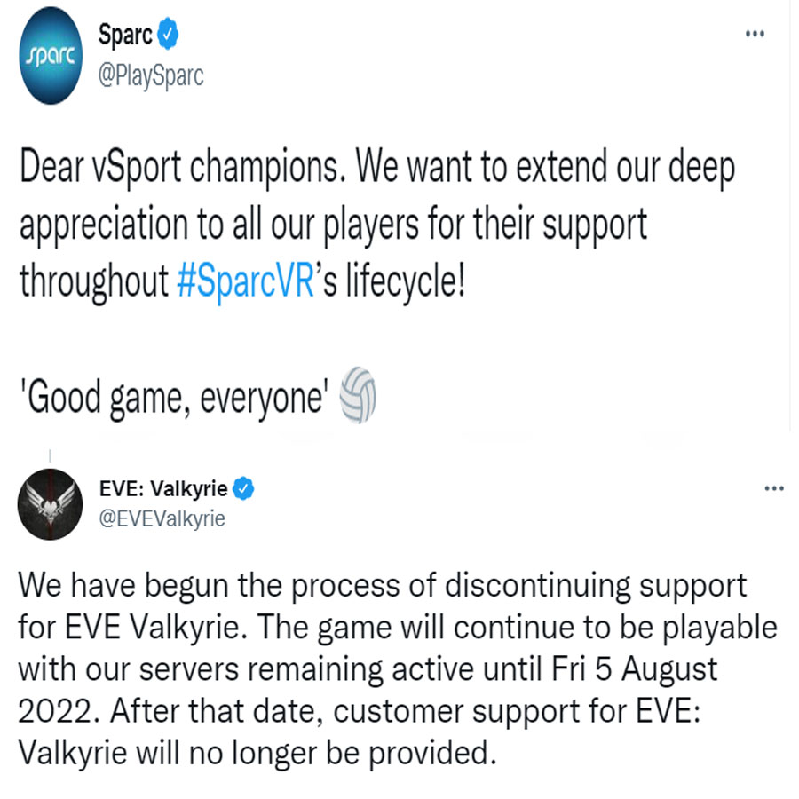 早期热门VR游戏《EVE: Valkyrie》、《Sparc》宣布停服