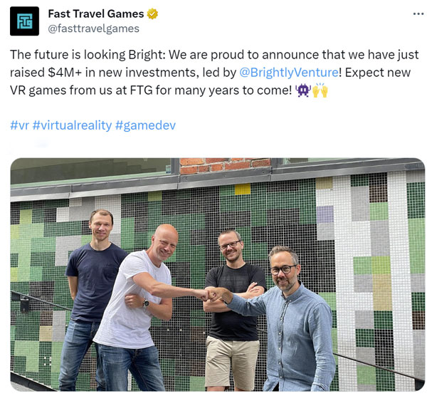 VR游戏开发商Fast Travel Games完成400多万美元新融资