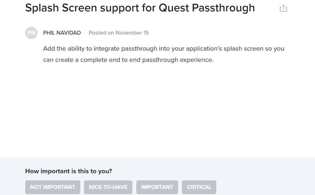 Unity考虑为Quest透视提供启动画面支持，允许开发者创建完整端到端透视体验