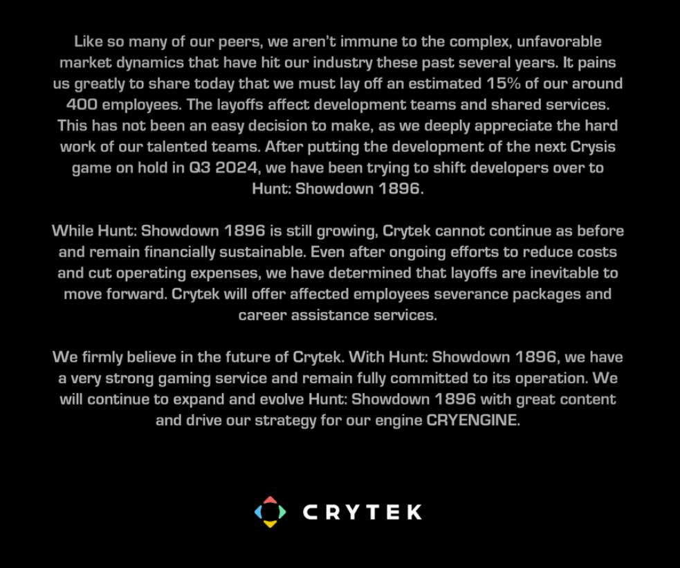 Crytek裁员15％，曾发布VR攀岩游戏《The Climb》