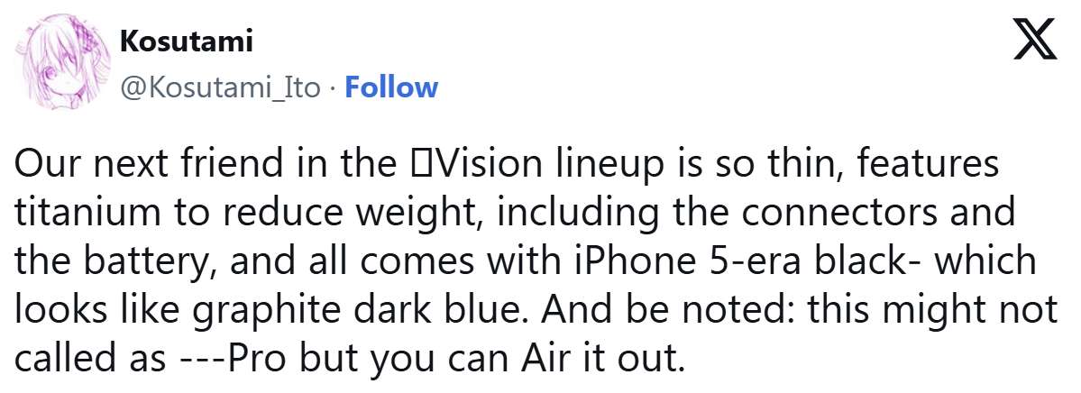 苹果新XR头显可能叫Vision Air，或采用钛金属来减轻重量