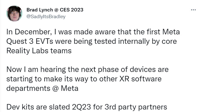 传Quest 3将于2023年Q2季度向第三方开发者发货