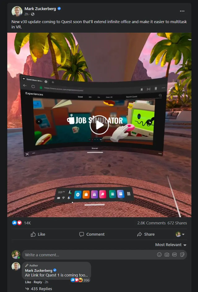 扎克伯格：将为Quest 1带来Air Link无线串流功能