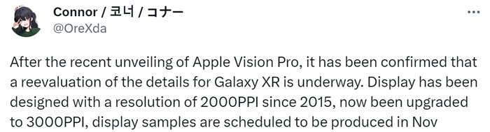 苹果发布后，三星重新评估其XR头显，提升分辨率至3000PPI