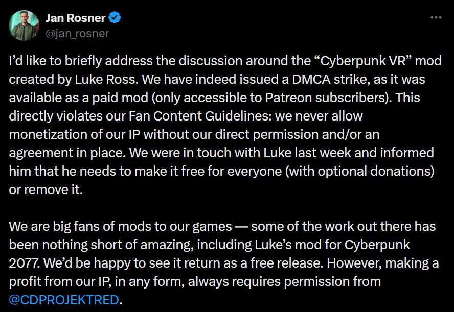 赛博朋克Mod下架争议升温：开发商坚持免费原则，Moder称“你没这权利”