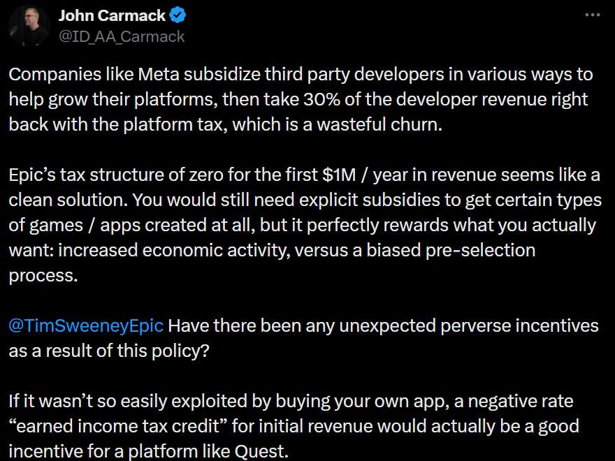 卡马克点评Meta：对开发者既补贴又抽成是“浪费资源的空转”