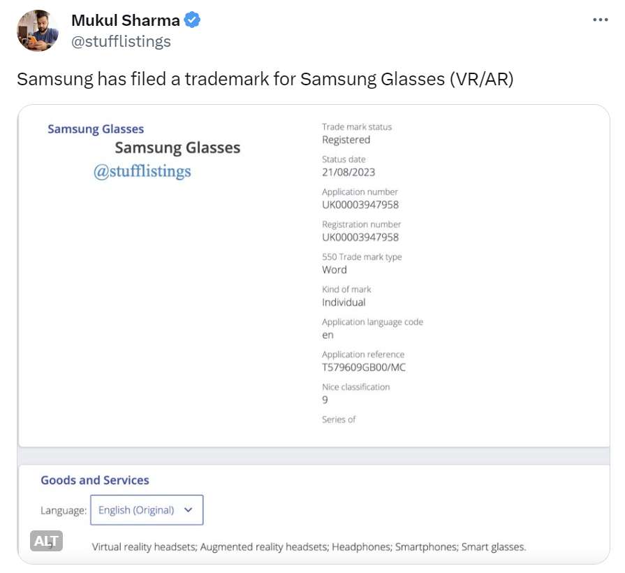 三星提交AR/VR头显眼镜“Samsung Glasses”商标