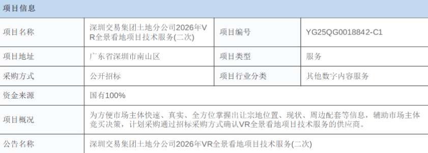 深圳交易集团采购2026年VR全景看地技术服务