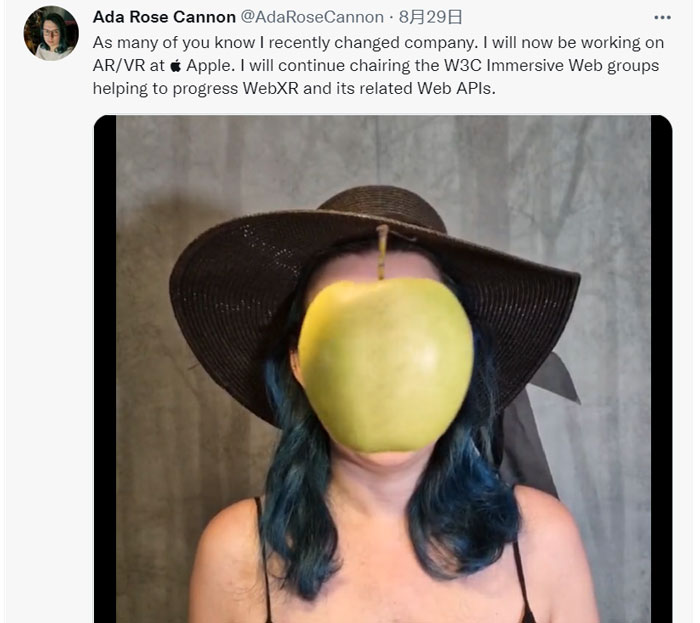 WebXR标准组理事长Ada Rose Cannon加入苹果继续负责AR/VR工作