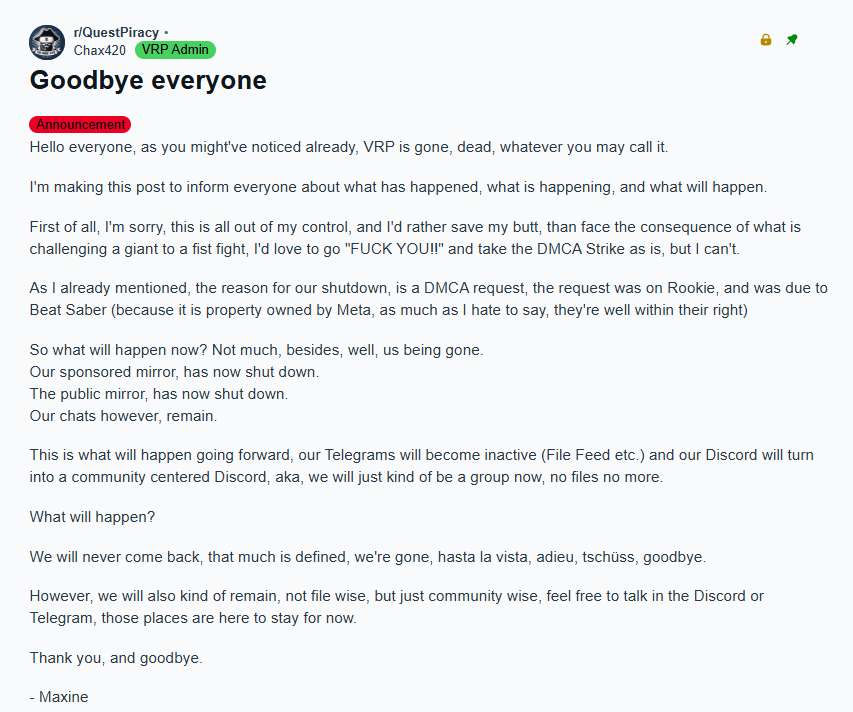 或为扶持开发者生态，Meta借DMCA取缔Quest最大盗版平台“VRPirates”