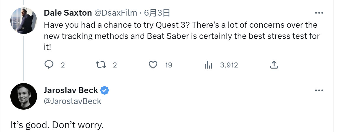 《BeatSaber》创始人：Quest 3控制器追踪效果很好，无需担忧