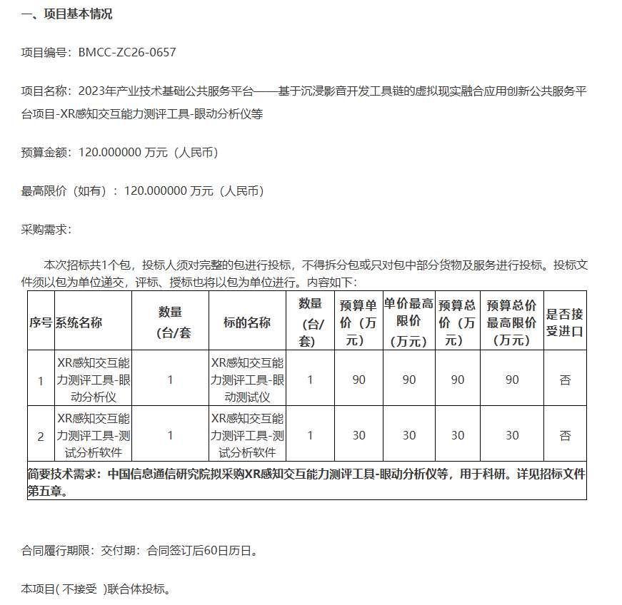 中国信通院120万招标XR感知交互能力测评工具