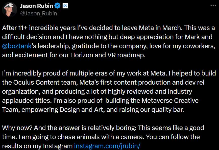 Jason Rubin从Meta离职，结束十一年VR征程