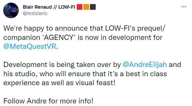 多次跳票后为赶进度，VR科幻游戏《LOW-FI：Agency》外包给Andre·Elijah工作室