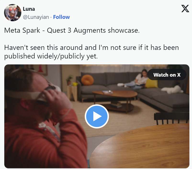 开发者分享Quest 3 MR小组件“Augments”演示效果