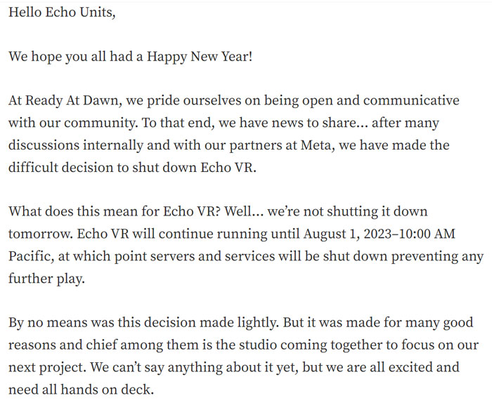 Meta宣布旗下多人游戏《Echo VR》将于8月1日关停