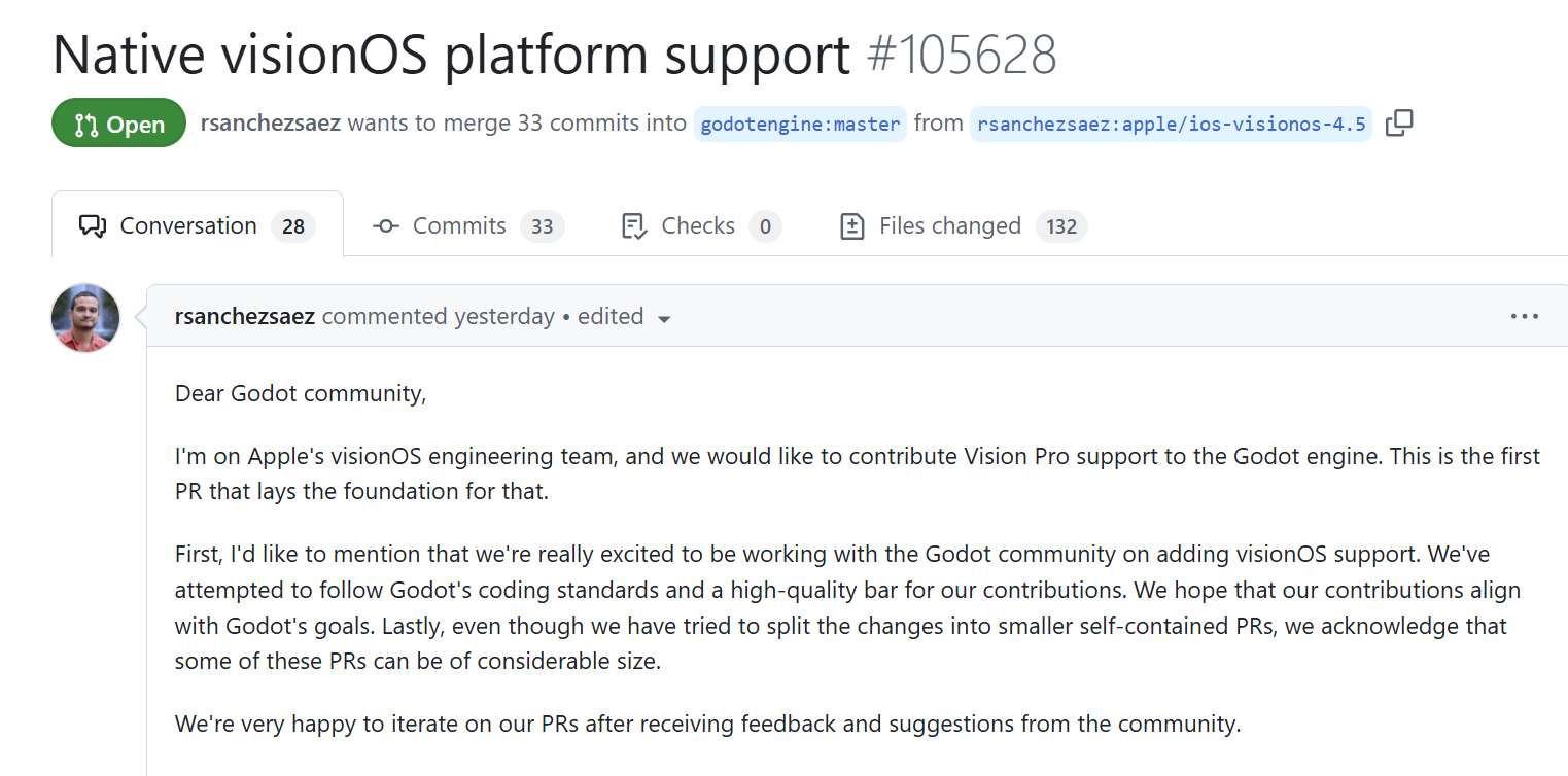 苹果计划为Godot引擎添加visionOS支持，解决Vision Pro内容荒