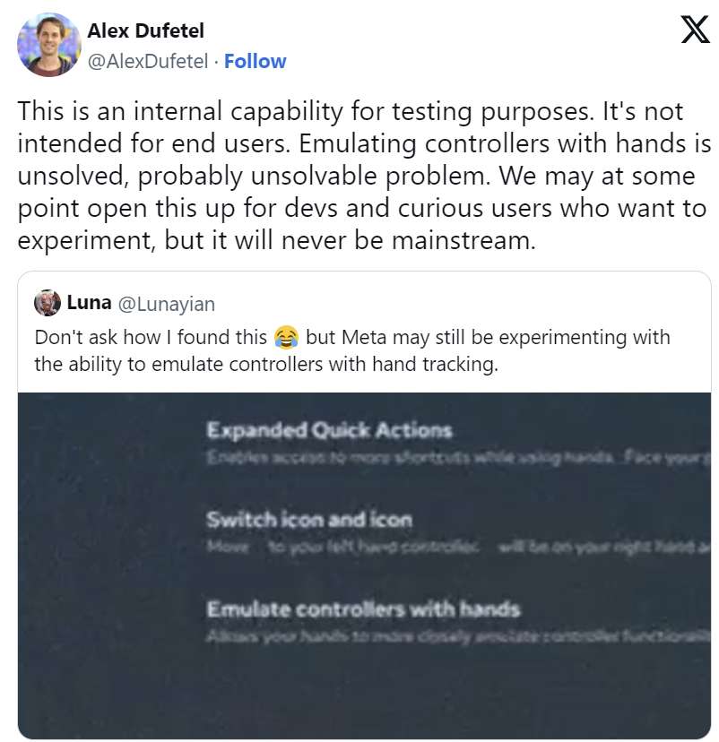 传Meta开发手部追踪模拟控制器，实现“空气手柄”效果
