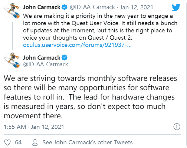 卡马克：Oculus Quest 计划每月一次系统更新