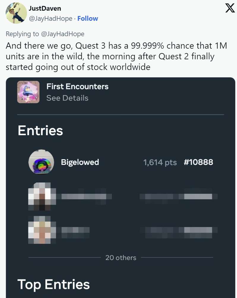 Quest 3 专属App《First Encounters》的完成人数超过100万